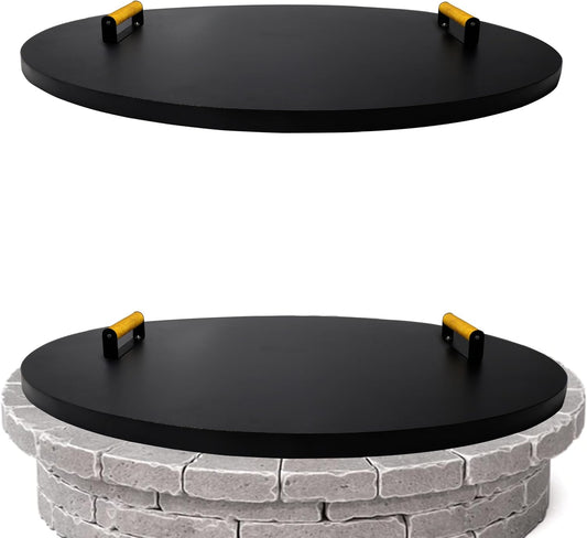 28” firepit lid round for inside up to 26” gas fire pit lid for Outdoor Fireplace Cover - Steel fire pit metal cover W/ 2 Wooden Handles & Powder Coated Snuffer Lid for Round Patio FirePit Ring