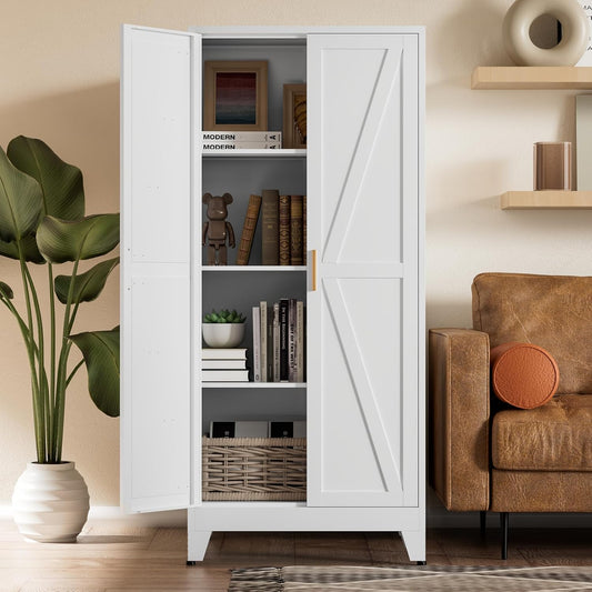 COFaR White Farmhouse Storage Kitchen Pantry Cabinet with 2 Barn Door, 3 Adjustable Shelves and Legs, for Cupboard\/Dining Room\/Bathroom\/Living Room\/Office\/Laundry Room (White, 61" Farmhouse)