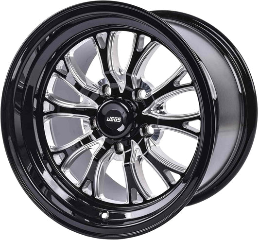 JEGS SSR Spike Wheel 15 x 10 | 5 x 4.5” Wheel Bolt Pattern Spacing | +25mm Offset | 6.5” Backspacing | Gloss Black with Milled Spoke Accents | 3.27” Center Bore