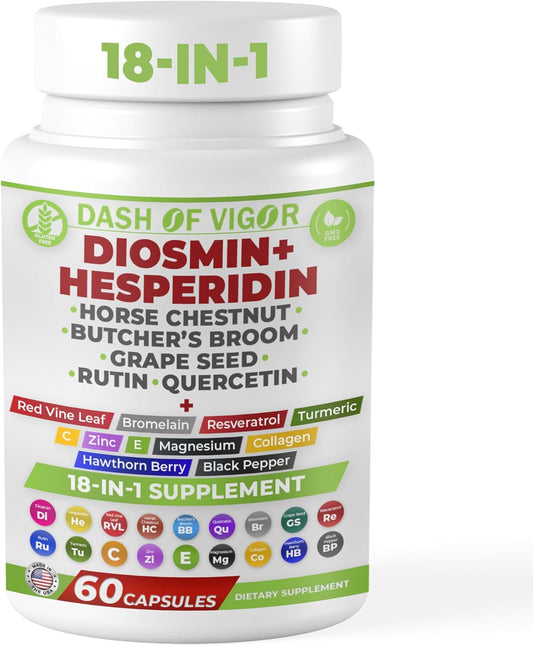 Dash of Vigor 18-in-1 Diosmin Hesperidin Supplement, Quercetin with Bromelain, Zinc, Vitamin C with Rutin Supplement, Horse Chestnut Extract, Butcher's Broom Extract, USA, 60 Capsules