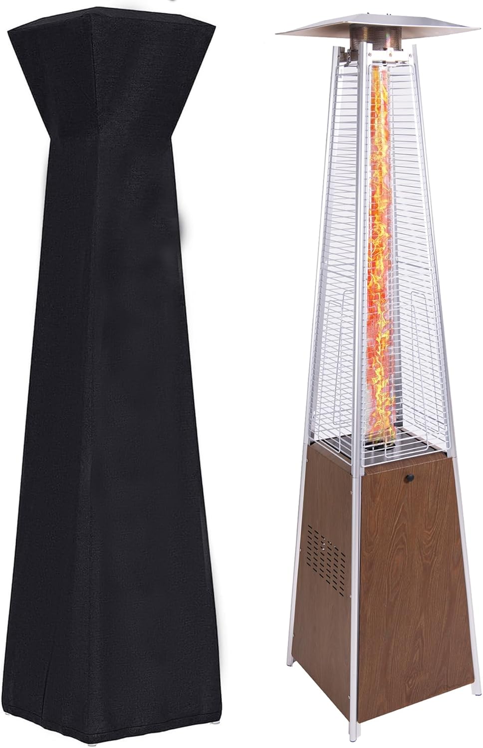 48,000 BTU Outdoor Patio Heater with Glass Tube Flame, Stainless Steel Outdoor Propane Pyramid Heater with Wheels and Protective Cover for Backyard, Terrace, Garden, Poolside & Commercial Use