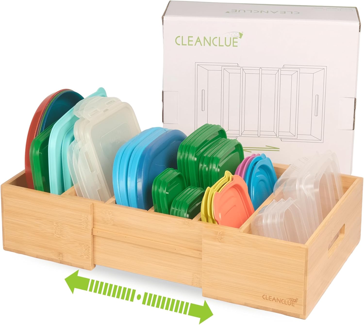 CLEANCLUE Expandable Kitchen Cabinet Organizer for Food Storage Container Lids, Bamboo Drawer Caddy Adjustable Dividers, Box for Kitchen Storage and Organization, Lids Organizer for Cabinet (Natural)