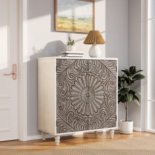 COSIEST 32" W Sideboard Buffet Cabinet with Storage, Accent Cabinet with 2 Push-to-Open Magnetic Doors, Vintage MDF Buffet Table for Living Room, Kitchen, Hallway (Gray,Flower Pattern)