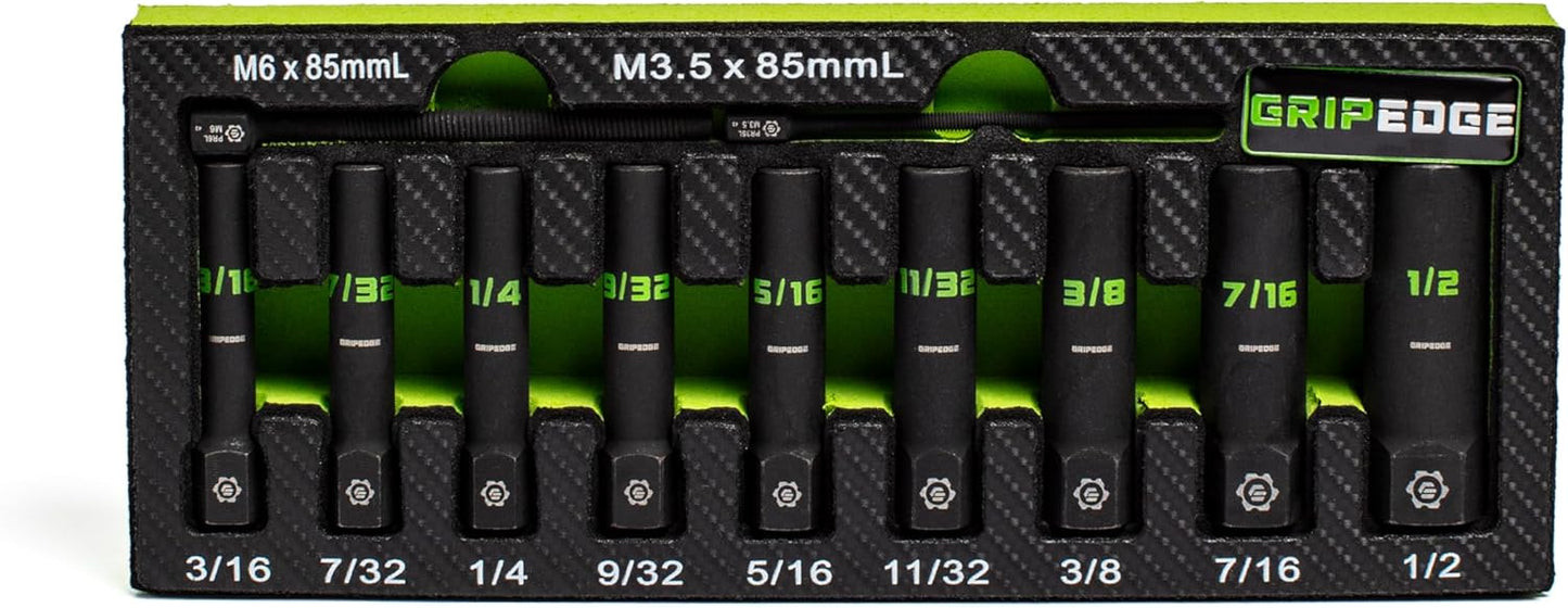 GRIPEDGE Tools | 9-PC - 1/4'' Drive Deep SAE RPT Socket Extractor Set | Sizes 3/16'' - 1/2'' | Removes Broken Studs, Stripped Bolts and Lug Nuts | Includes Premium EVA Foam Storage|