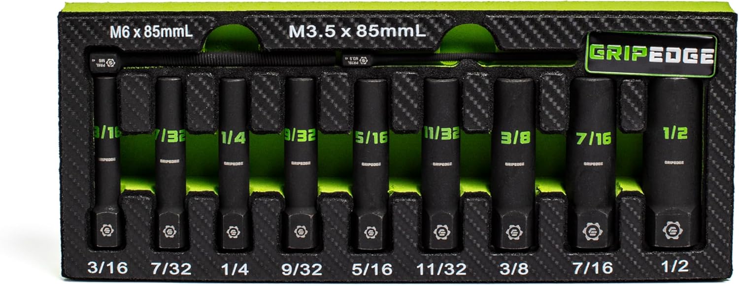 GRIPEDGE Tools | 9-PC - 1/4'' Drive Deep SAE RPT Socket Extractor Set | Sizes 3/16'' - 1/2'' | Removes Broken Studs, Stripped Bolts and Lug Nuts | Includes Premium EVA Foam Storage|