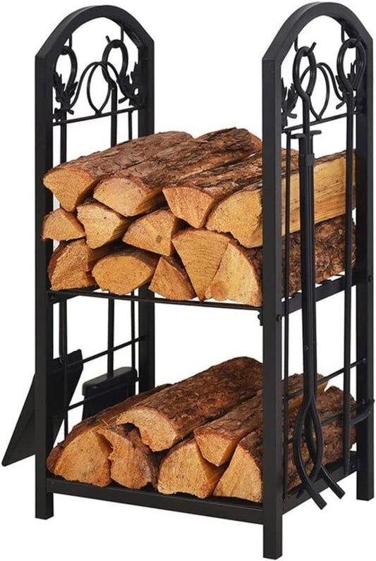 Firewood Storage Rack and Fireplace Tools Organizer Black Wood Holder Floor Shelf Storage Tool Rack Firewood Holder