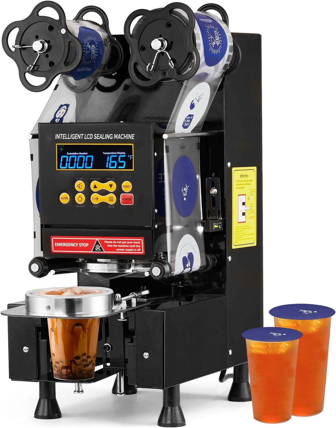 BONNLO Cup Sealing Machine,95\/90\/89\/88mm Full Automatic Cup Sealing Machine,500-650 Cups\/H Digital Control LCD Panel Cup Sealer for Bubble Coffee Dessert Milk Tea Restaurant Juice Drink-Black