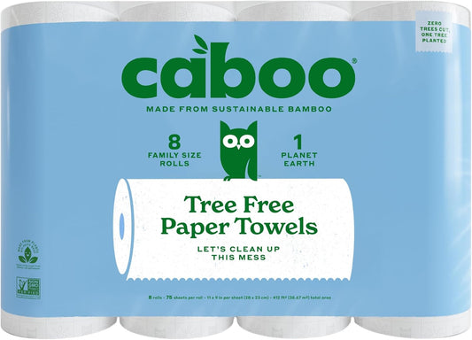 Caboo Tree Free Paper Towels, 8 Rolls, Earth Friendly Sustainable Kitchen Paper Towels with Strong 2 Ply
