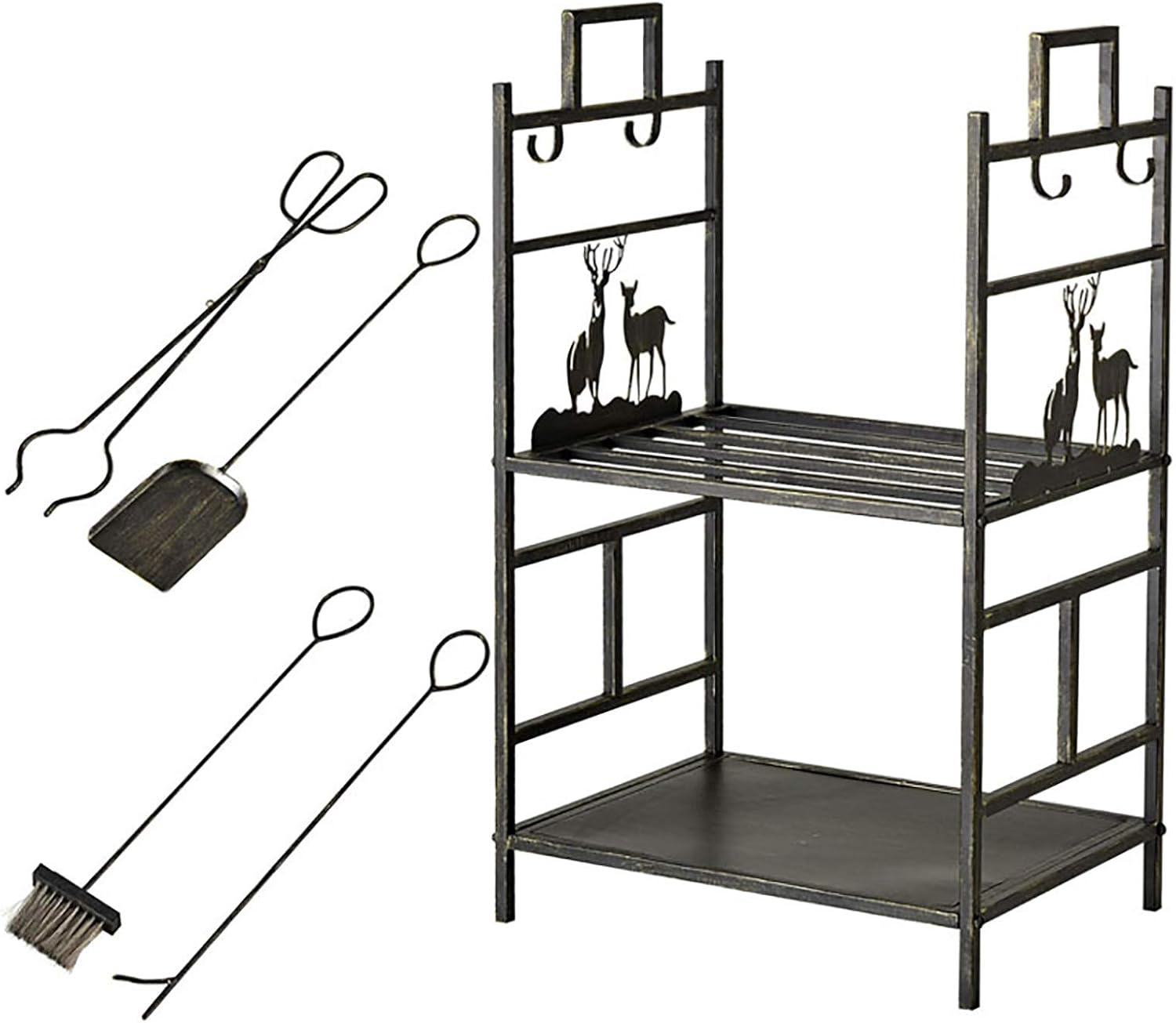 Bronze Elk Fireplace Log Wood Rack with 4 Pcs Tools,Wrought Iron 2 Tier Heavy Duty Firewood Holders for Indoor/Outdoor/Stove