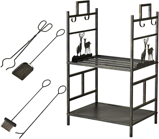 Bronze Elk Fireplace Log Wood Rack with 4 Pcs Tools,Wrought Iron 2 Tier Heavy Duty Firewood Holders for Indoor/Outdoor/Stove