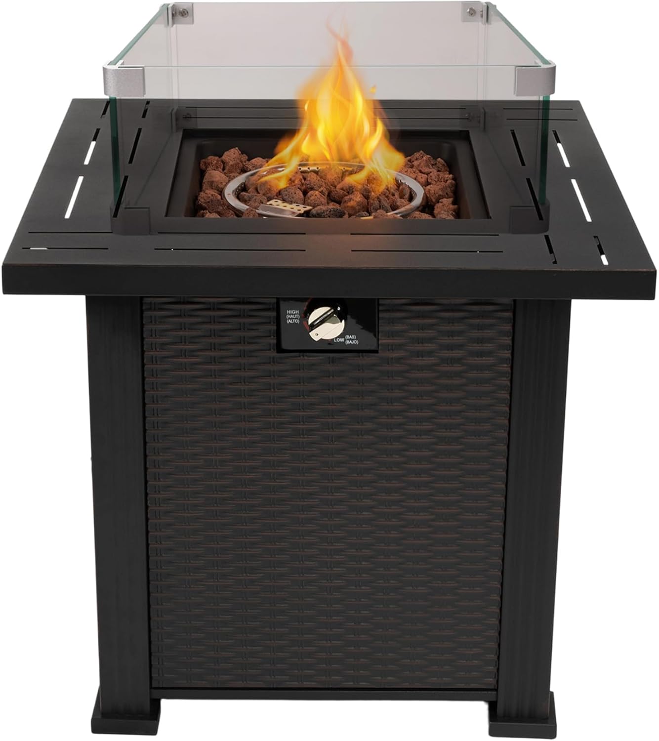 28" Outdoor Propane Gas Fire Pit Table, 50,000 BTU Auto-Ignition Square Wicker-Effect Gas Firepit with Glass Wind Guard, Lid, Lava Rocks, Steel Base, Black
