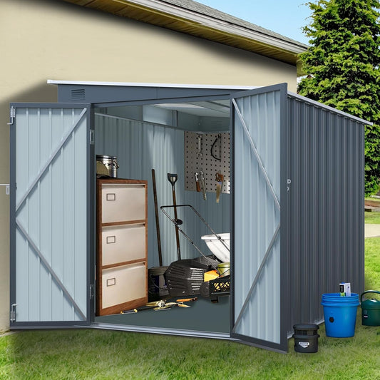 6x8 FT Metal Storage Shed, Galvanized Steel Outdoor Storage Shed with Double Lockable Doors, Storage Sheds Outdoor Without Floor, Ventilation, Sloped Roof Metal Building for Tools\/Bike (Steel)