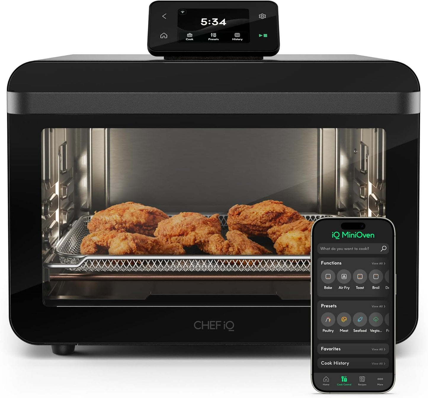 CHEF iQ MiniOven Smart Toaster Oven Air Fryer Combo, 11-in-1 Countertop Convection Oven, Bake, Broil, Air Fry, Broil, Dehydrate, 1750W, 25 Qt Capacity, Fast Cooking with Touchscreen Controls \u2013 Black