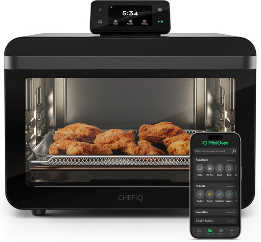CHEF iQ MiniOven Smart Toaster Oven Air Fryer Combo, 11-in-1 Countertop Convection Oven, Bake, Broil, Air Fry, Broil, Dehydrate, 1750W, 25 Qt Capacity, Fast Cooking with Touchscreen Controls \u2013 Black