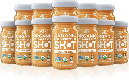 ALLWELLO Cold-Pressed Ginger Shot, 60 mL, USDA Organic Immune Booster with Natu-RAL (12 PK, Turmeric)