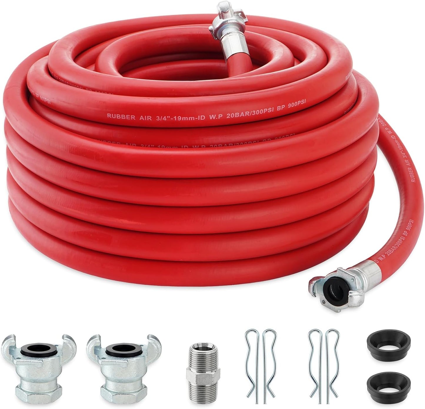 3/4 Inch x 100 FT Red Jackhammer Air Hose with Male NPT Nipple and Female NPT Air Hose Fitting, 3/4 Inch Rubber Pneumatic Hose Assembly for Jack Hammers, Air Tools