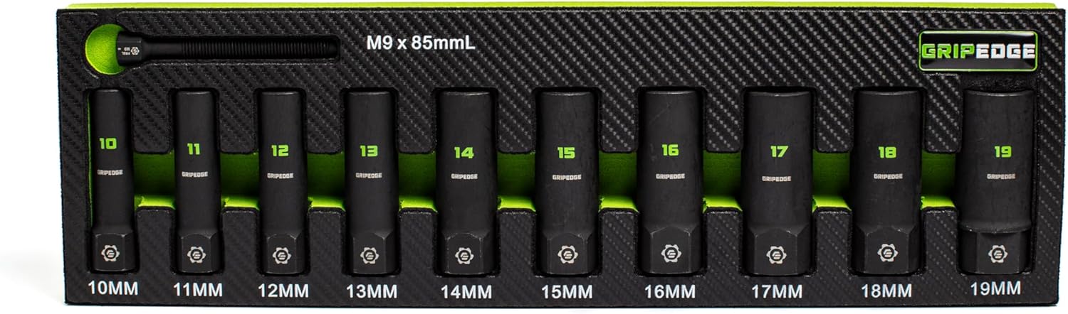 GRIPEDGE Tools | 10-PC – 3/8'' Drive Deep Metric RPT Socket Extractor Set | Sizes 10 – 19 MM | Removes Broken Studs, Stripped Bolts and Lug Nuts | Includes Premium EVA Foam Storage|