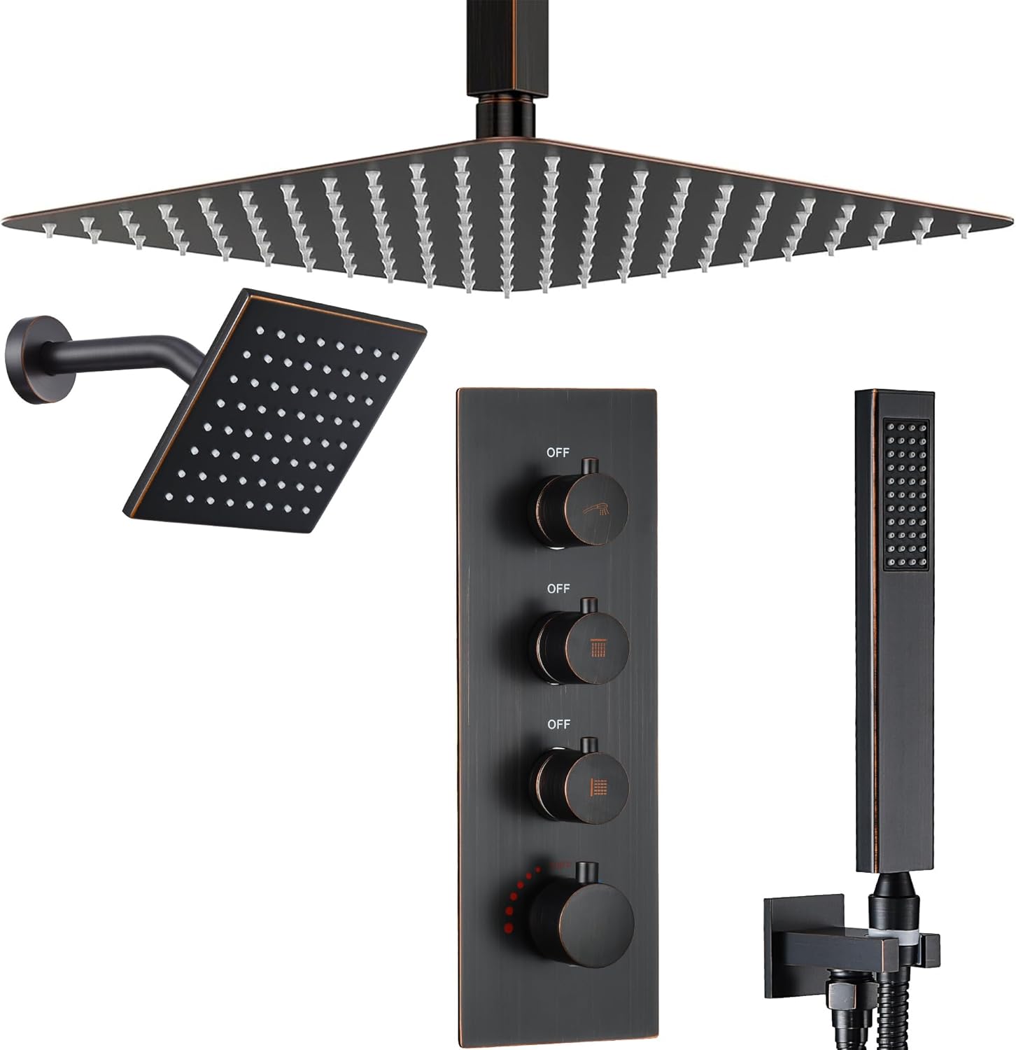 16" Thermostatic Dual Rainfall Head Shower System with Handheld & Valve, 16\u201D Ceiling Shower Faucet Set with 6-Inch Shower Head, JetsBath Oil Rubbed Bronze Full Body Shower System for Couples\/2-Person