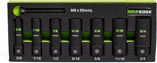 GRIPEDGE Tools | 7-PC – 3/8'' Drive Deep SAE RPT Socket Extractor Set | Sizes 3/8'' – 3/4'' | Removes Broken Studs, Stripped Bolts and Lug Nuts | Includes Premium EVA Foam Storage|
