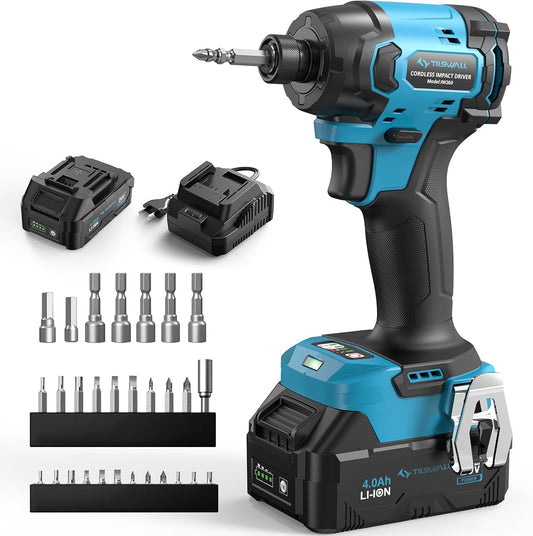 Tilswall 20V Cordless Impact Driver, 260Nm Torque Brushless, 4-Speed (0-3600 RPM), High Torque Impact Driver with LED Light, 1/4" Impact Driver, 4Ah Battery and 2.0Ah Fast Charger Included