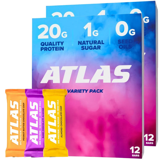 Atlas Protein Bar, 20g Protein, 1g Sugar, Clean Ingredients, Gluten Free (Whey Variety, 12 Count (Pack of 2))