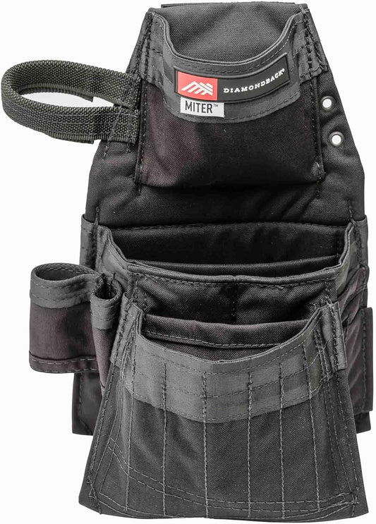The Diamondback Miter Tool Pouch - Clip-On Tool Belt Pouch with 3 Pockets, 7 Slots, & 3 Loops- Lightweight Belt Tool Pouch- Durable Tool Pouch with Belt Clip 15.25"x10.25", 1 lb (Black)