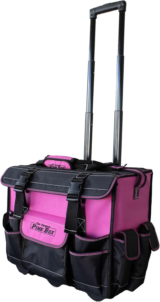 18-Inch Heavy Duty Rolling Tool Bag | Water Resistant, Portable Tool Storage Organizer with Wheels, Telescoping Handle, Pink