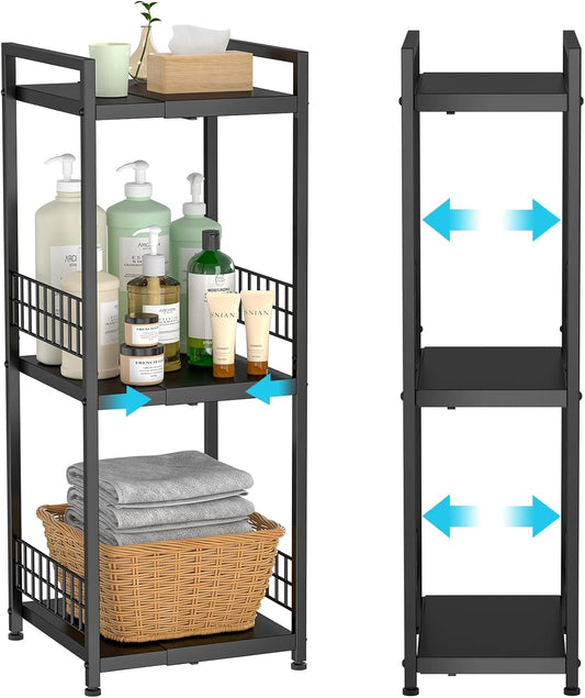 DAOUTIME 3-Tier Metal Shelving Unit, Expandable, Free-Standing, Narrow, Open Floor Shelves, Ideal for Bathroom, Kitchen, Laundry, Storage, Organization