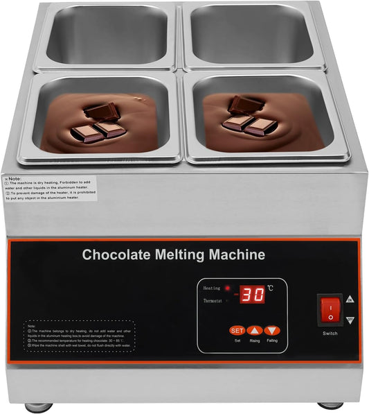 500W Electric Melting Pot for Chocolate w\/Digital Display Control,Commercial Chocolate Warmer Melting Pot Chocolate Melter Pot Machine for Home or Bakery Use 4 Tanks for 26.46lb of Tempered Chocolate