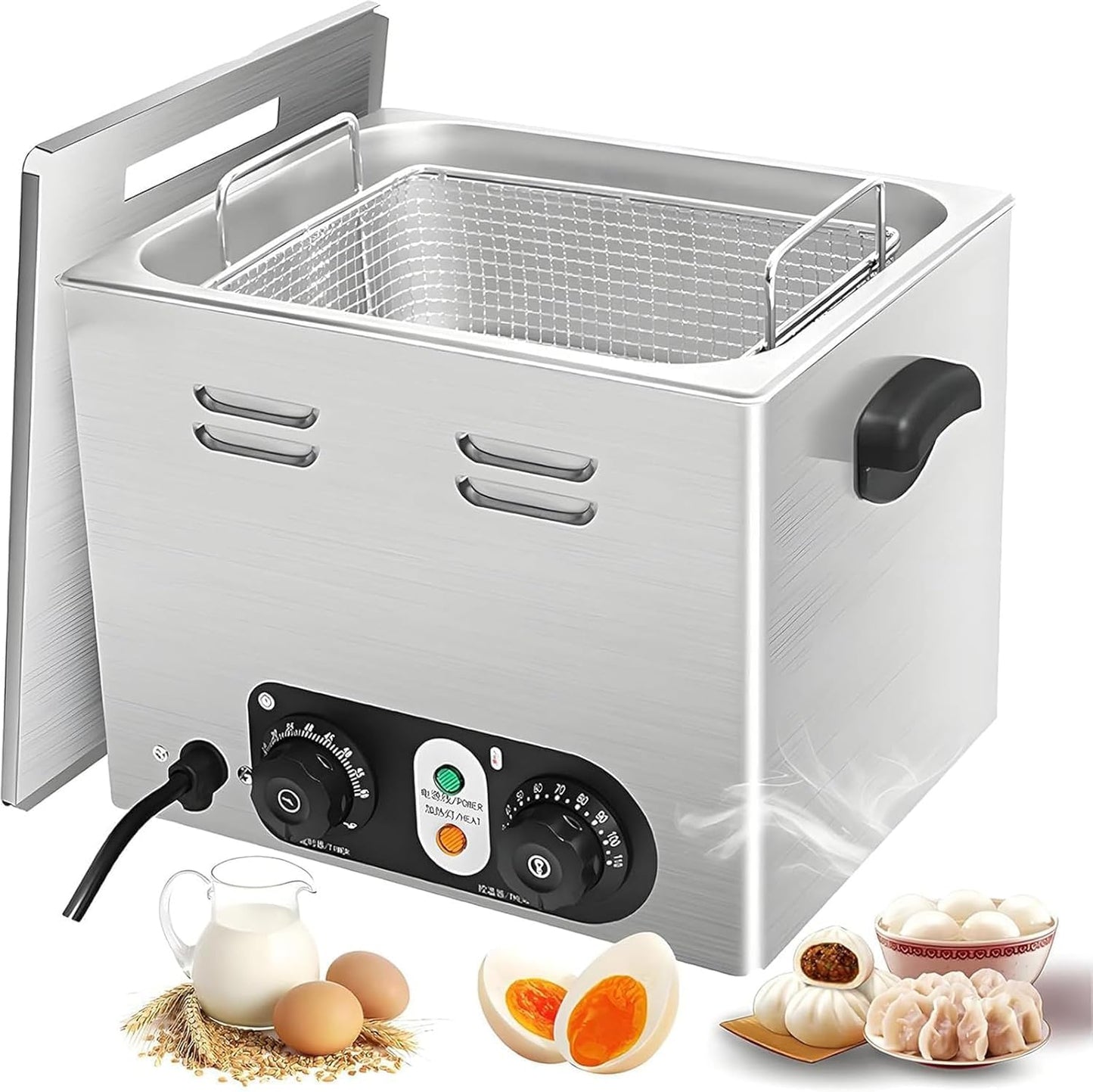 2600W Commercial Egg Boiler, Stainless Steel Egg Cooker with Mesh Basket, Electric Poached Egg Maker, Temperature Control and Timer, Breakfast Machine for Restaurant, Morning Tea Shop, Snack Bar