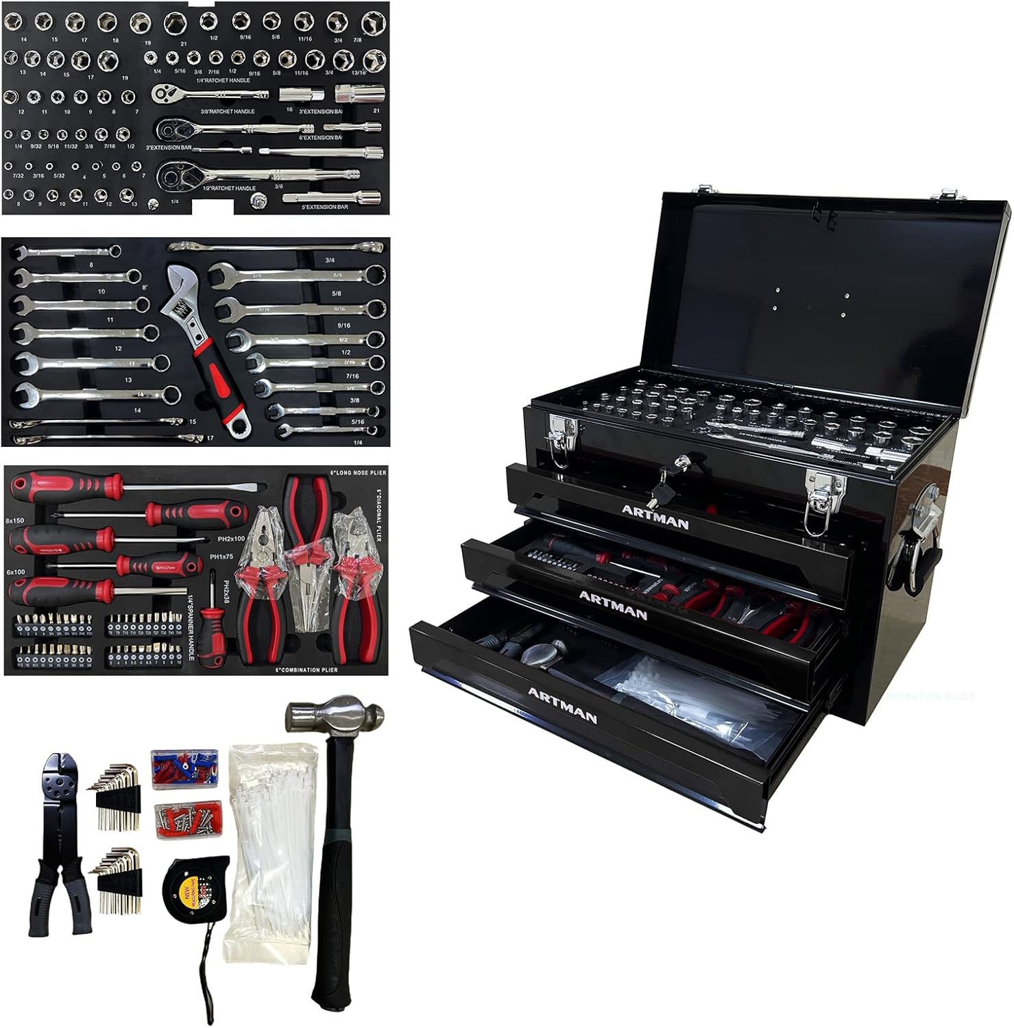 439-Piece Mechanic Tool Set in Heavy-Duty 3-Drawer Steel Box with 4-Tier Socket, Wrenches & Pliers. Portable Household Tool Kit Organizer Case for Auto Repair, Garage, Workshop. Black
