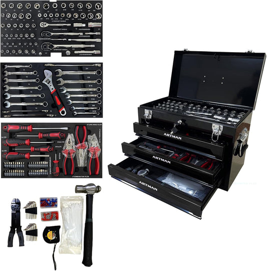 439-Piece Mechanic Tool Set in Heavy-Duty 3-Drawer Steel Box with 4-Tier Socket, Wrenches & Pliers. Portable Household Tool Kit Organizer Case for Auto Repair, Garage, Workshop. Black