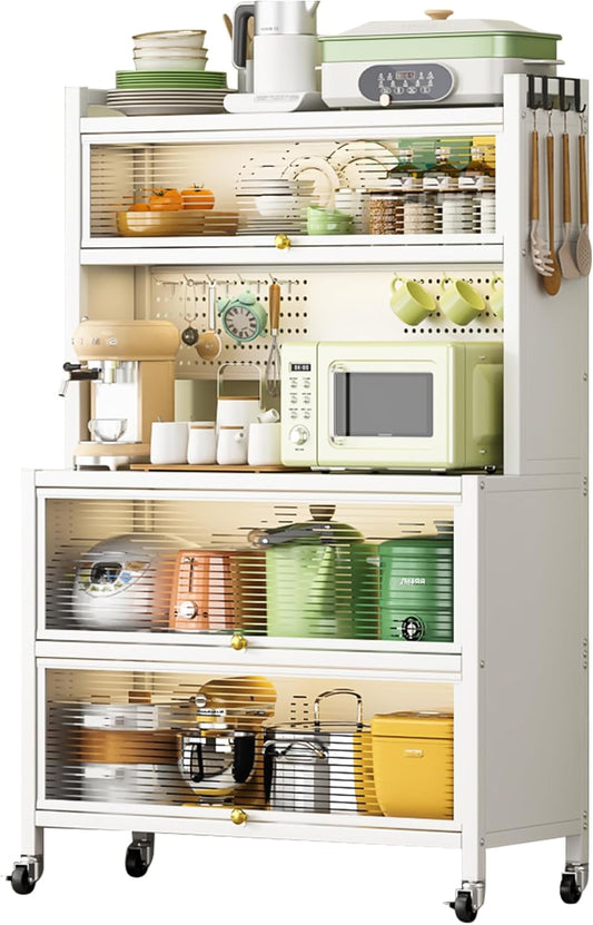 CuisinSmart Bakers Rack for Kitchens 5 Tier Microwave Stand With Storage Microwave Cart Coffee Bar Cabinet With Flap Door Vintage Kitchen Utility Storage Shelf Large Coffee Bar Station White