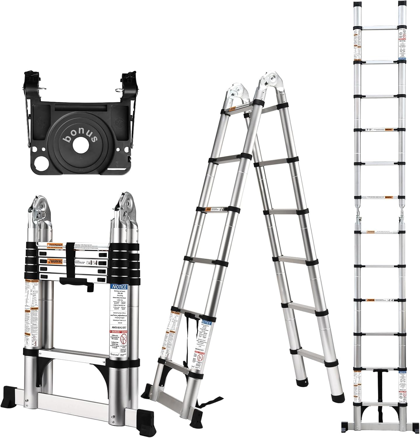 Telescoping Ladder 12.5 Ft, A Frame Compact Aluminum Extension Ladder with Tool Platform and Stabilizer Bar, Portable Telescopic Ladder for Outdoor Camper Trips Motorhome, 330lbs Capacity