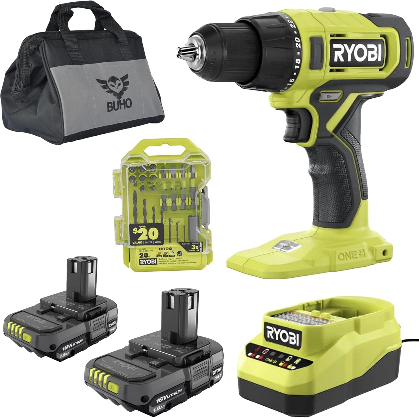 Cordless 1/2 inch Power Drill Driver Bundle – Includes Ryobi Drill, (2) 18-Volt Batteries, Charger, 20-Piece Multipurpose Drill Bit Set, and Buho Tool Bag (6 Items)
