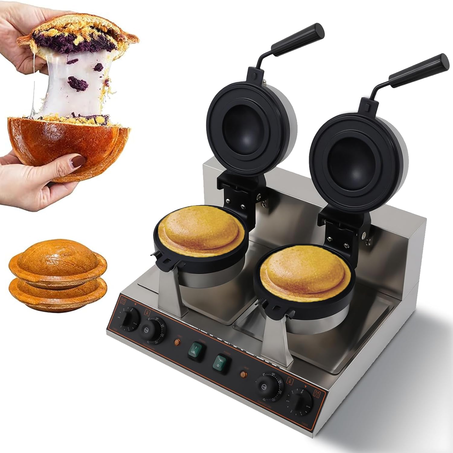 Commercial UFO Burger Maker Electric Double-head Ice Cream Burger Machine 2400W 50-300℃ Temp Control Stainless Steel Waffle Sandwich Panini Press Maker for Restaurant Home Breakfast Shops