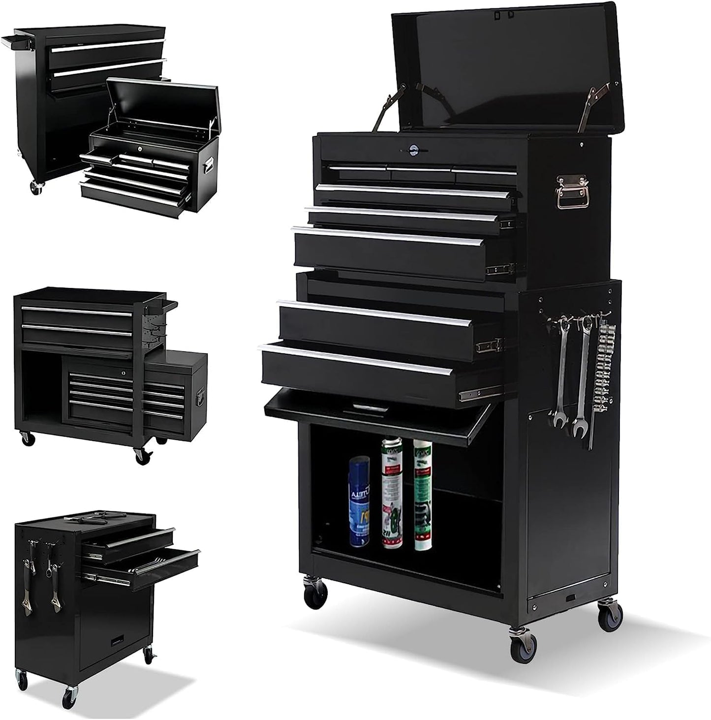 8-Drawer High Capacity Rolling Tool Box with Wheels,Rolling Tool Chest with Drawer,Tool Box on 4 Wheels with Lock, Tool Storage Cabinet Removable Portable Box for Garage Warehouse (Black)