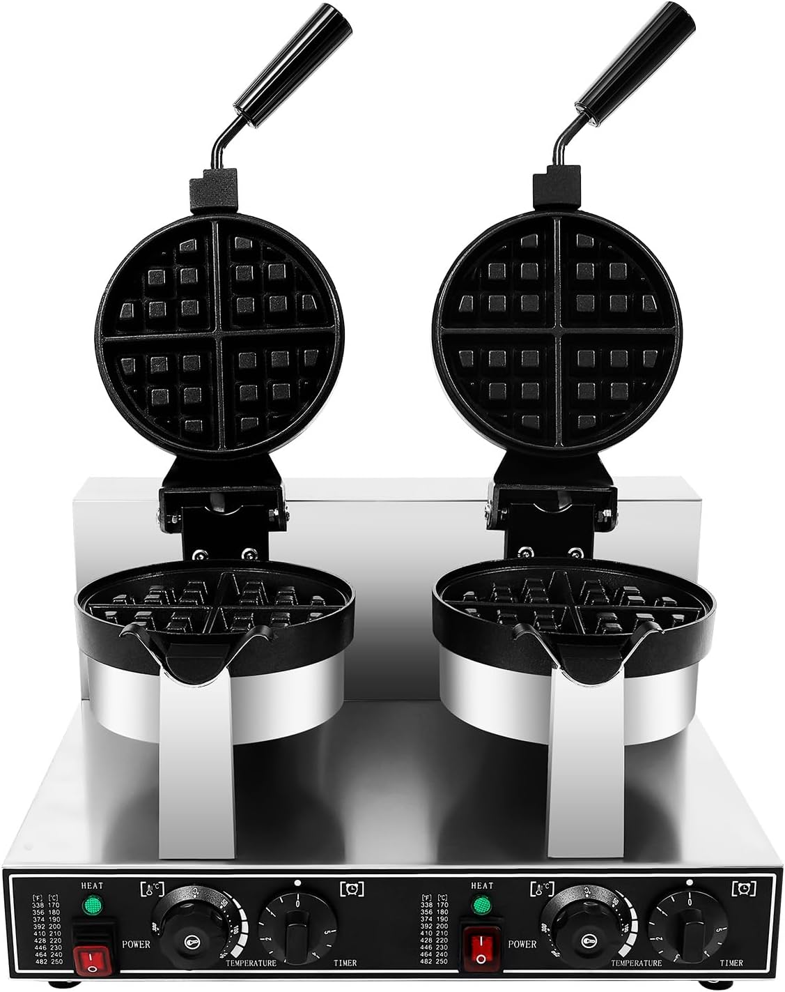 Commercial Waffle Maker, Double Head Waffle Maker Machine Belgian Round Waffle Iron Non-Stick Rotary Heating Pancake Machine with Temp & Time Control for Kitchen Restaurant (Stye 2)