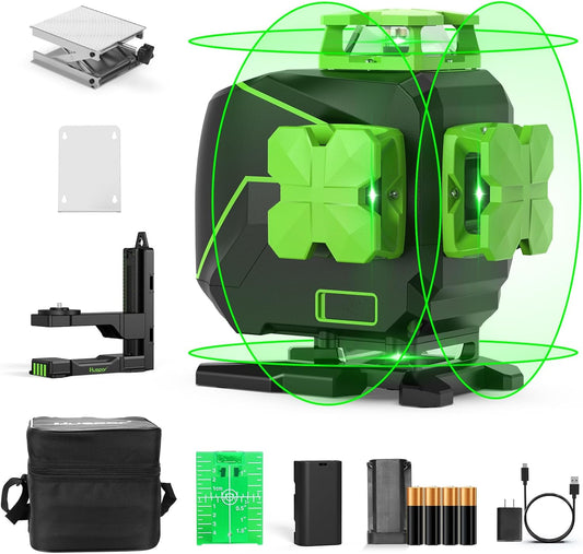 Huepar Laser Level 4 x 360° 16 Lines Self-Leveling Alignment Laser Tool with Pulse Mode for Construction and Picture Hanging, Magnetic Bracket, Lifting Base, Li-ion Battery or 4 AA Batteries - S04CG-L