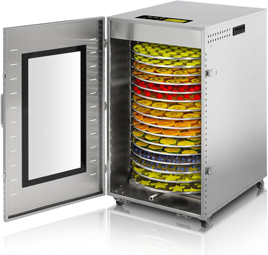 Commercial Food-Dehydrator Machine 16 Trays 360° Automatic Rotation Fruit-Dehydrator 1500w, Meat-Dryer 190℉ Stainless Steel Dryer for Jerky