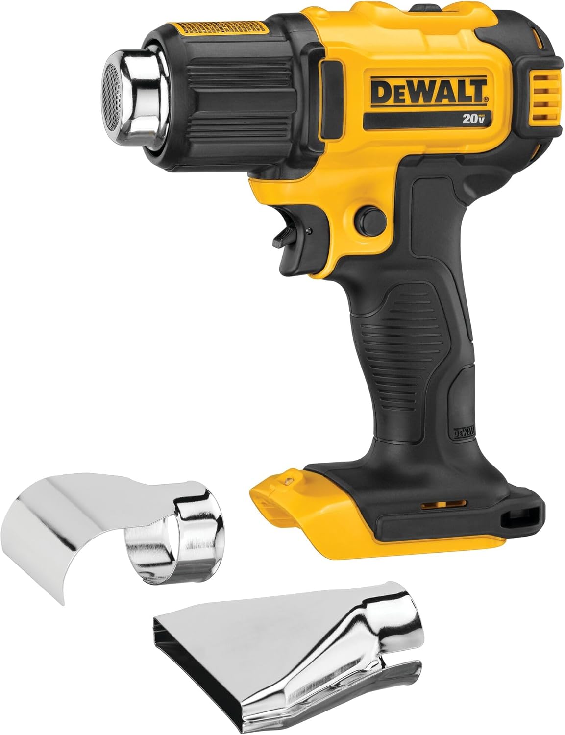 DEWALT 20V MAX Heat Gun, Cordless, Up to 990 Degrees, 42 Minutes of Run Time, LED Light, Heatgun with Flat and Hook Nozzle Attachments,Tool Only (DCE530B)