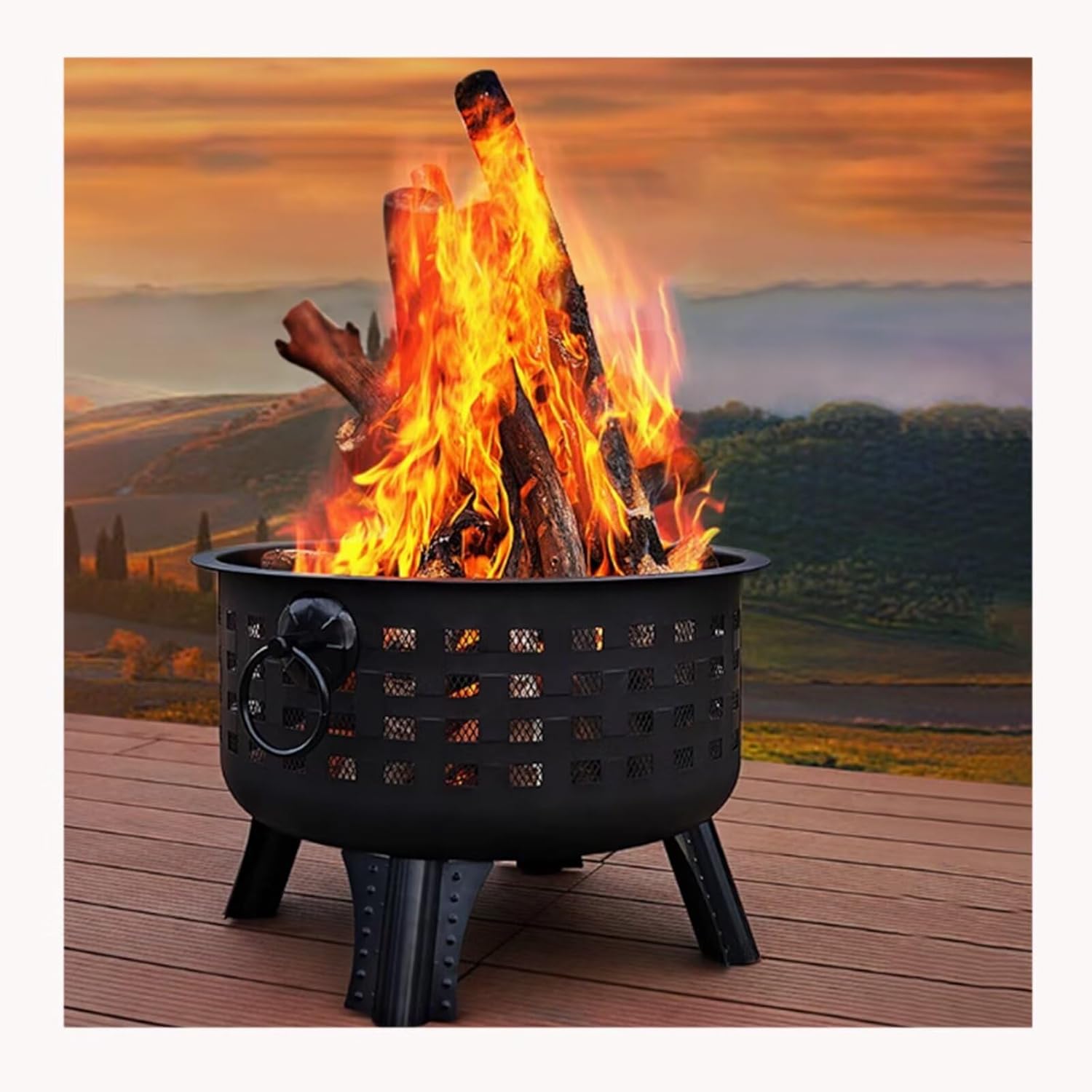 Outdoor Fire Pit & Grill Combo，Heavy-Duty Iron Burn Barrel with Fire Hook & Cooking Grate – Versatile for BBQ, Bonfire, Backyard Heating, Yard Waste Burning (Leaves, Paper) Durable & Rust-Resistant