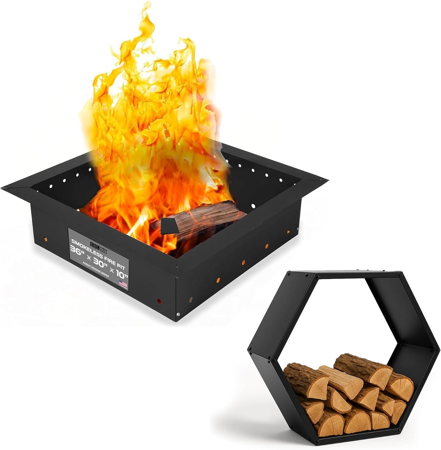 Iron Forge Tools 36" Square Fire Pit Ring & 30" Hexagon Firewood Rack with Cover - Heavy-Duty Metal Outdoor/Indoor Smokeless Fire Ring & Wood Holder