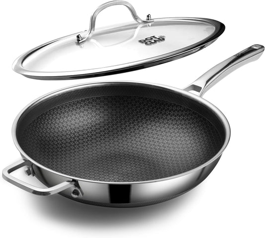DOTCLAD Wok pan,Hybrid 13 inch Wok with Lid, PFOA Free Cookware,non stick Stainless Steel Woks & Stir-fry pans Nonstick, Dishwasher and Oven Safe, Works on Induction