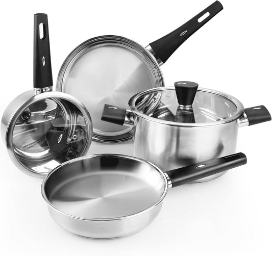 Meythway 𝐔𝐏𝐆𝐑𝐀𝐃𝐄 Stainless Steel Pots and Pans Set Non Toxic, 6PCs Kitchen Cookware Sets with Stay-Cool Handles, Non-Stick, Dishwasher Safe&Compatible with All Stovetops(Gas,Electric&Induction)
