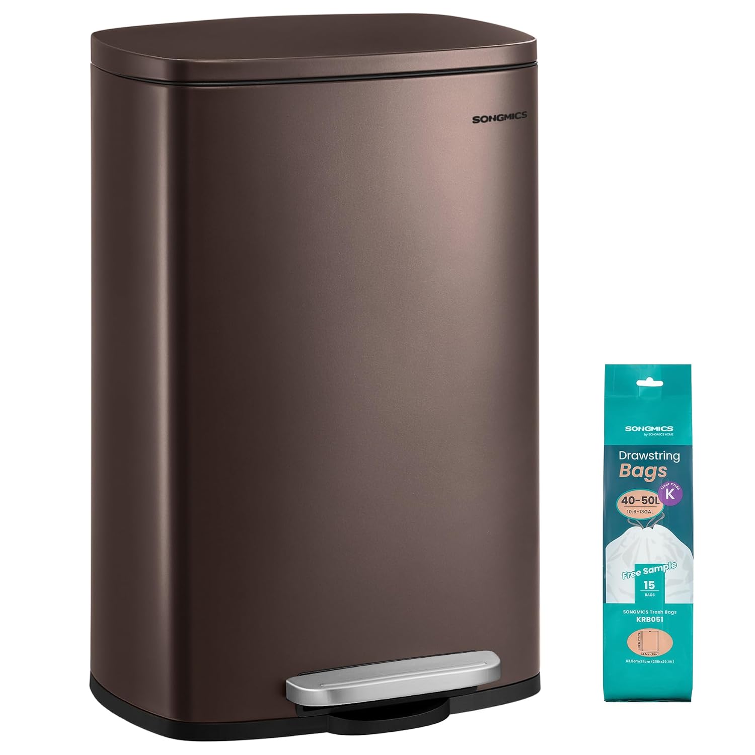 SONGMICS 13 Gallon (50 L) Trash Can, Stainless Steel Kitchen Garbage Can, Recycling or Waste Bin, Soft Close, Step-On Pedal, Removable Inner Bucket, Brown ULTB50BR