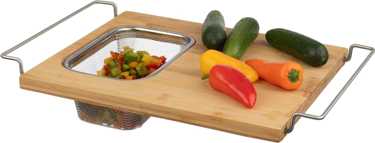 Cutting Board with Strainer - 2 in 1 Adjustable Bamboo Chopping Board with Removable Stainless Steel Colander for Over the Sink by Classic Cuisine