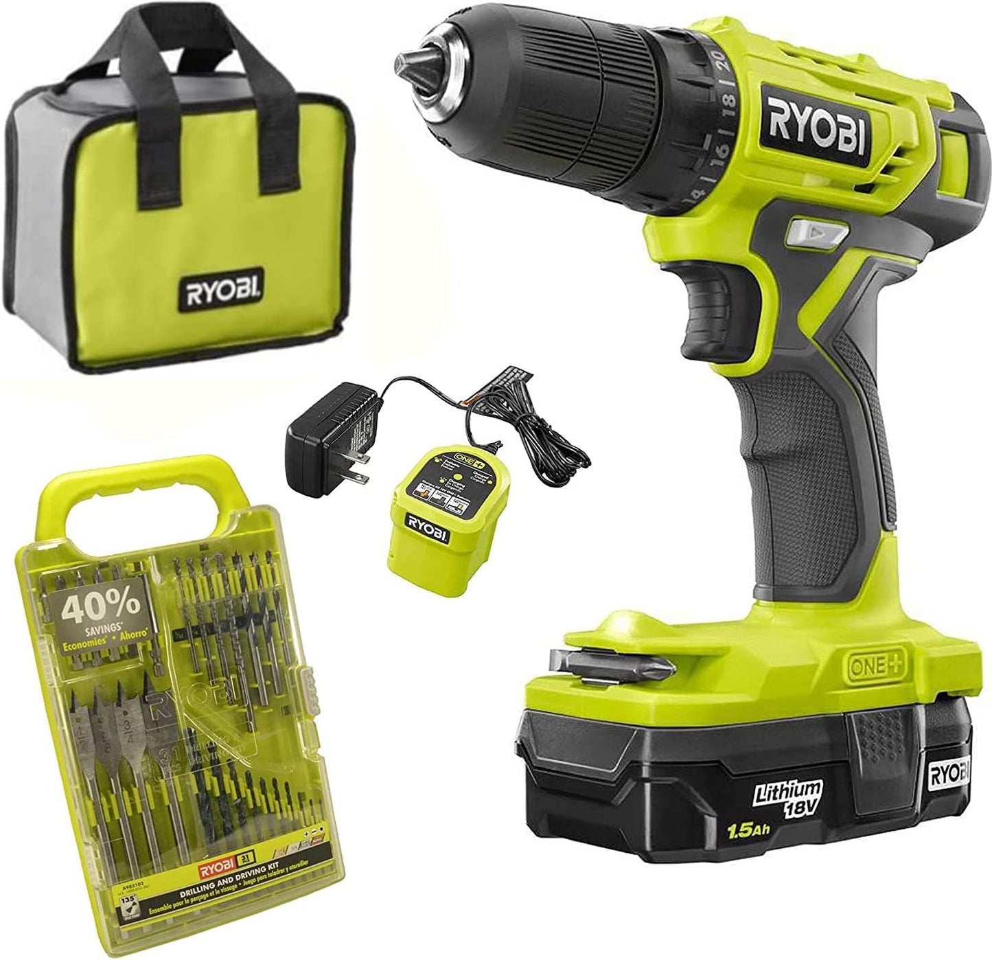 Ryobi 18V ONE+ 3/8 in. Drill Driver Kit Bundle Set with BONUS Bits, and Tool Bag