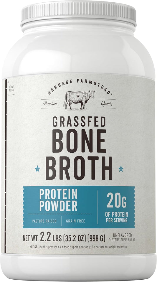 Carlyle Grass Fed Bone Broth Protein Powder | 35.2 oz (2.2lb) | 20g Protein | Pasture Raised, Grain Free Supplement | Non-GMO & Gluten Free | by Herbage Farmstead