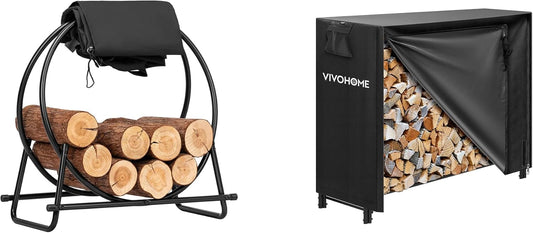 VIVOHOME 28 in Firewood Log Rack Hoop with Cover, Round Log Holder Ring for Indoor Outdoor Patio Deck Porch, with 4ft Indoor Outdoor Firewood Storage Log Rack and Cover Combo Set with Zipper